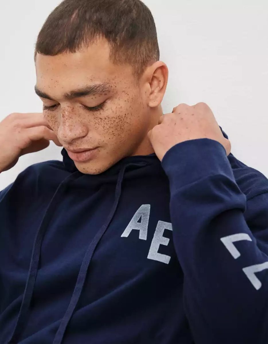 Sweat à Capuche American Eagle AE Super Soft Logo Graphique Bleu Marine Homme | JPF-19764614